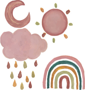 Weather Elements Set Hand Drawn Watercolor