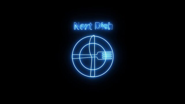 Glowing neon fork and knife icon indicating readiness for the next course, isolated on a dark background.
