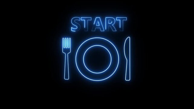 Glowing neon fork and knife icon arranged in a V shape, representing a diner who is still eating, isolated on a dark background.