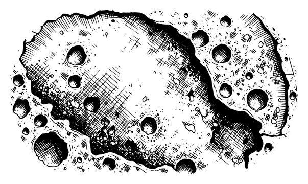 Moon Surface with Craters Illustration, Hand Drawn Engraving Style Asteroid or Lunar Landscape, Outer Space Science Vector Art
