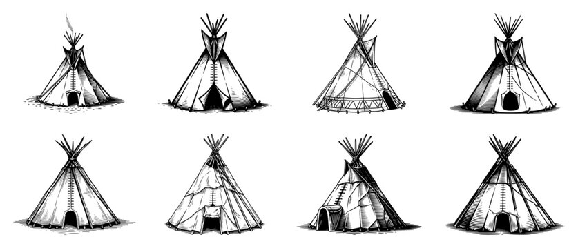 Native American Teepee Tents Collection Set, Hand Drawn Engraving Style Tipi Lodges, Indian Camp Traditional Shelter Vector
