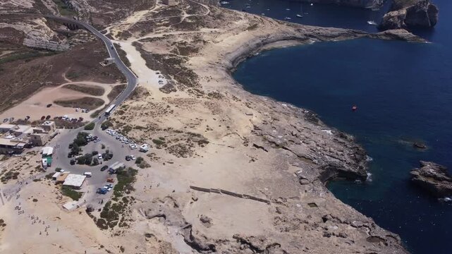 Dwejra bay and Dwejra tower aerial view, Gozo, Malta, 2026. High quality 4k footage