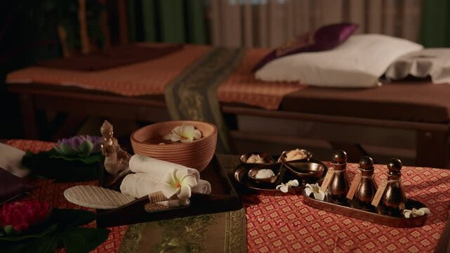 Massage spa setup with towels oils bowls and flowers on treatment table in dim treatment room with slow pan.