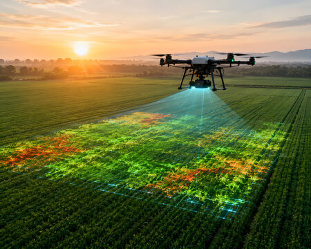 Agricultural Drone Scanning Crops for Precision Farming at Sunset