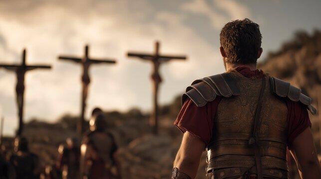 A Roman centurion stands gazing toward the central of three crosses, while fellow soldiers remain nearby, witnessing the solemn events unfolding on Golgotha beneath the open sky.