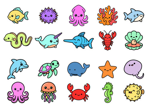 Cute Kawaii Marine Life SVG Bundle | Laser Cut | CNC | Clipart | Coloring Pages | Commercial Use