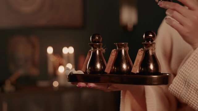 Slow motion woman presenting small aroma oil bottles on tray in dim candlelit spa treatment room.