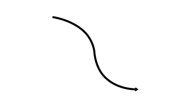 Curved downward arrow animation hand drawn black pointer line drawing business loss crisis decline wave trend concept minimalist design infographic element footage isolated on white background.