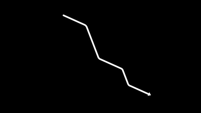 White Downward Falling Trend Line Arrow Animation Indicating Financial Loss Stock Market Crash and Negative Business Growth Concept Isolated on Black Background.