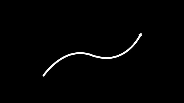 White Curved Arrow Animation with S-Shape Wave Pointing Upward Indicating Smooth Business Growth Financial Success and Positive Progress Concept Isolated on Black Background.