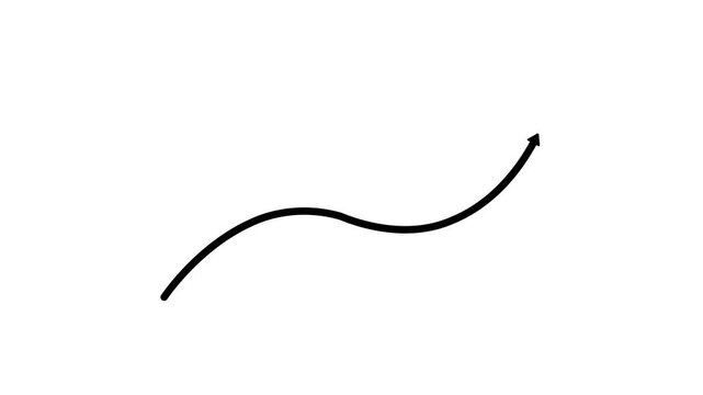 Curved upward arrow animation hand drawn black pointer line drawing business growth recovery wave trend concept minimalist design infographic element footage isolated on white background.