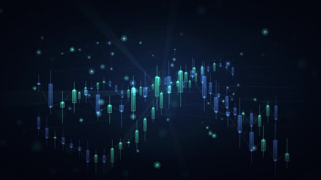 Abstract stock market candlestick charts moving in digital space loop.