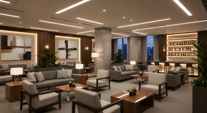 Luxury hotel lobby lounge with modern furniture ambient lighting and cityscape view through large windows