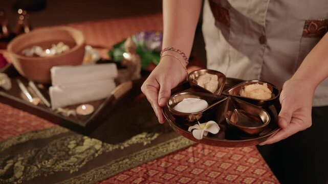 Hands of Thai spa therapist presenting ceramic bowls of creams and oils for relax massage, treatment room.