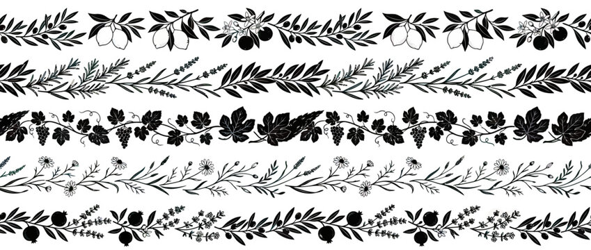Set of 5 botanical borders with leaves, fruits, and flowers, black and white