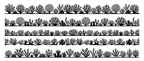 Seamless Silhouette Coral Reef Borders Collection - Underwater Marine Life Patterns © intaniaayu