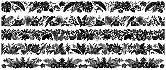 Tropical Jungle Borders - Exotic Plants, Flowers, Parrots, Fruits, and Butterflies Silhouettes © intaniaayu