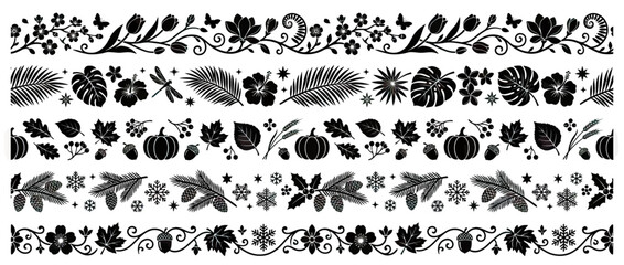 Seasonal decorative borders with leaves, flowers, pumpkins, snowflakes, and pinecones © intaniaayu