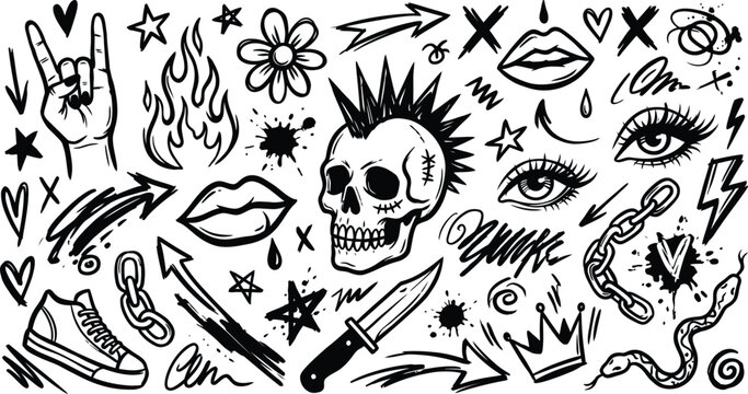 Punk Rock Graffiti Doodle Element Set with Skull and Rock Hand Sign