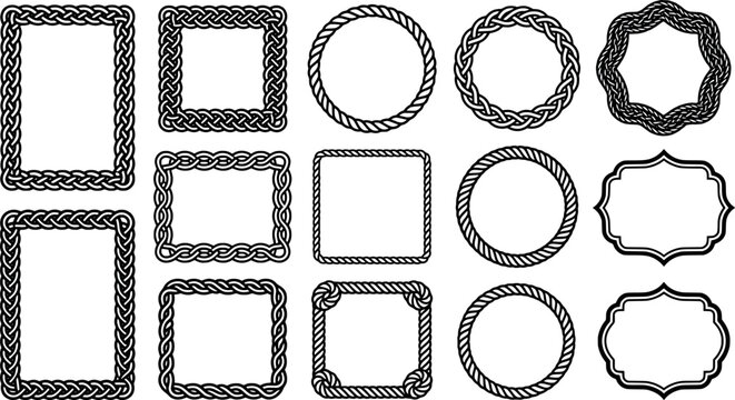 Set of decorative rope and braided frames and borders transparent background