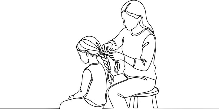 Continuous line drawing of a mother braiding her young daughter hair.