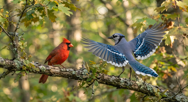 cardinal and blue jay on a branch