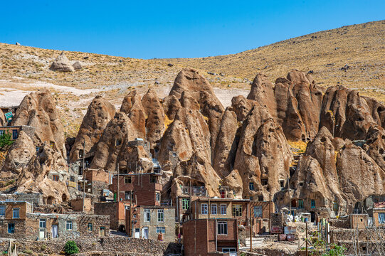 Troglodyte dwellings and traditional houses in the rocky village of Kandovan, Iran.