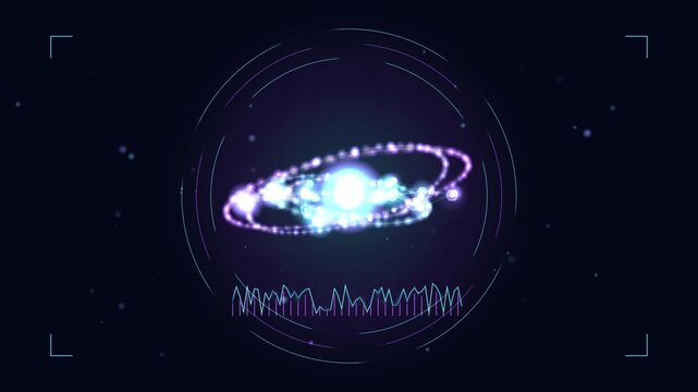 Abstract particle animation with rotating orbits in dark space loop motion footage.