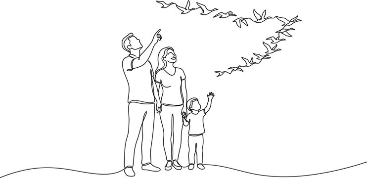 Continuous line drawing of a family looking at a flock of birds.