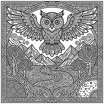Intricate owl and forest landscape coloring page.