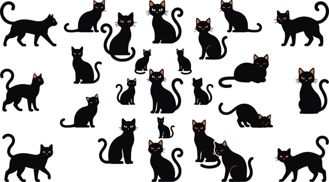 Collection of black cats in various poses on white background