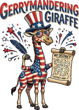 Gerrymandering giraffe cartoon character dressed in patriotic american style with map gerrymandering character