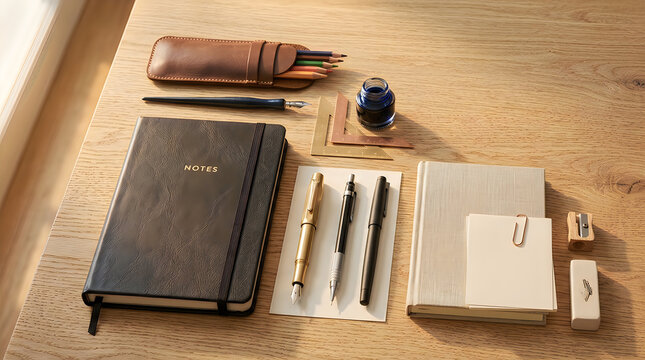 Back to schools premium stationery flatlay with notebook pens pencils and desk accessories