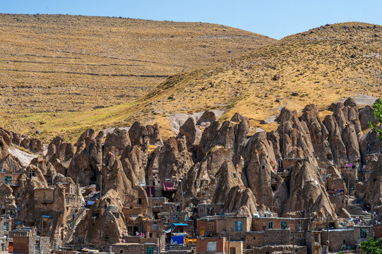 General view of the troglodyte village of Kandovan with cone-shaped houses, Iran.