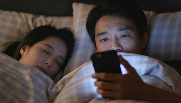 Asian Man Secretly Watching Smartphone on Smartphone in Bed Next to Sleeping Wife