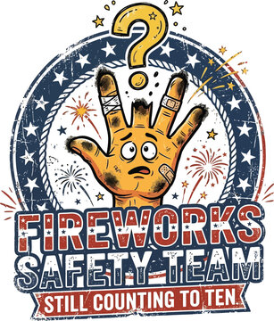 Fireworks safety team graphic with cartoon injured hand still counting to ten fireworks bandages counting incident