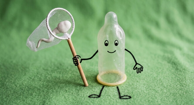 A cartoon condom character with a smiley face stands on a green surface, holding a net that has successfully caught a small clay sperm cell.
