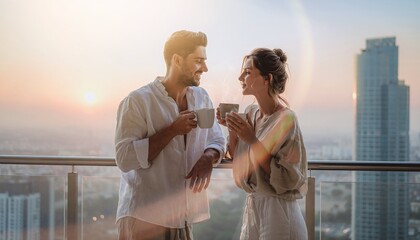 Fototapeta premium A happy young couple enjoys a romantic morning coffee together on a highrise balcony, basking in the warm golden sunrise over the city skyline. Beautiful, modern luxury lifestyle.