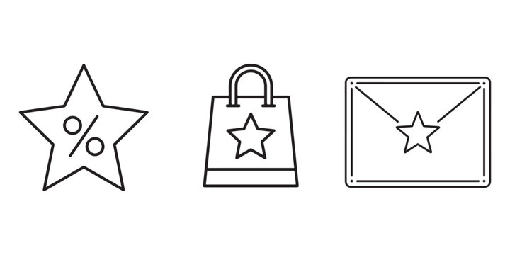Minimalist Line Art E-commerce Vector Icons Featuring Discount Star, Shopping Bag, and Premium Envelope for Marketing and Rewards Campaigns