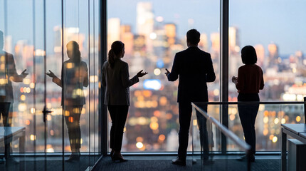 Fototapeta premium Business professionals discussing strategy overlooking city skyline