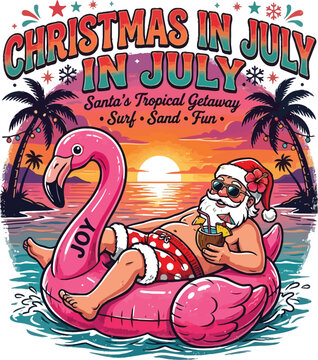 Christmas in july santa claus lounging on pink flamingo floaty in tropical ocean with christmas tropical flamingo