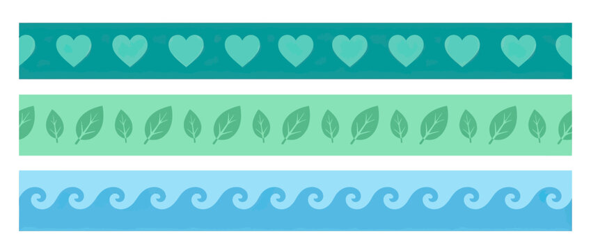 Decorative Borders: Hearts, Leaves, and Waves in Teal, Green, and Blue