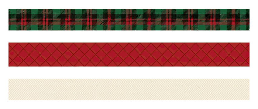 Set of three decorative borders: tartan, diamond pattern, and herringbone, isolated on white.