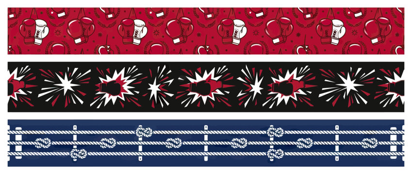 Boxing gloves, explosion, and knot borders seamless patterns