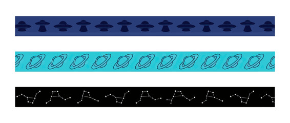Space Themed Borders: UFOs, Planets, and Constellations Seamless Patterns © NURYANI