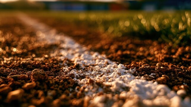 Stunning photo of Close-up horizontal view of a white chalk line on a baseball field's dirt and grass, with blurred stadium in background