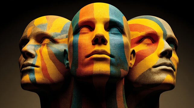 Abstract digital of three overlapping human faces in vibrant neon colors blending