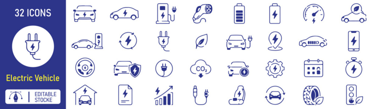 Set of 32 Electric Vehicle Editable Line Icons