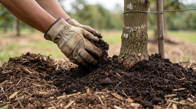 Organic durian tree care, Composting around fruit tree, Sustainable orchard soil work, Farmer hands and mulch, Clean agriculture lifestyle