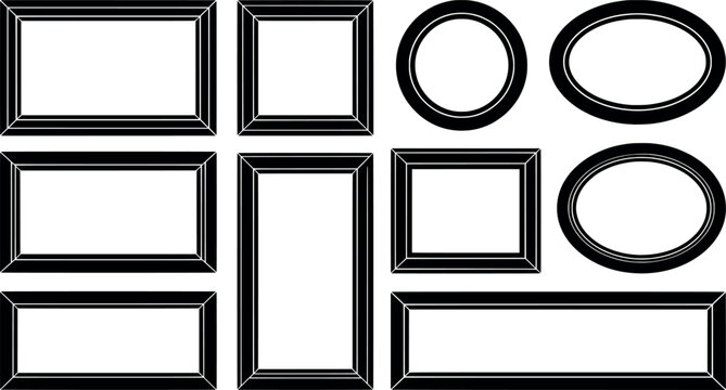 Set of simple black picture frames in various shapes and sizes, minimalist border collection transparent background